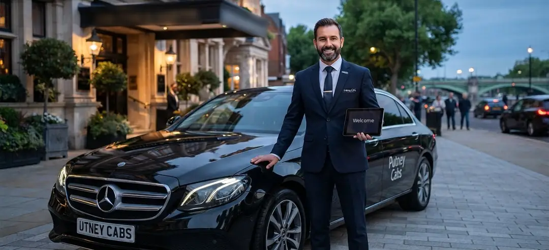 Chauffeur beside a black Mercedes saloon outside a hotel, with Putney Bridge behind