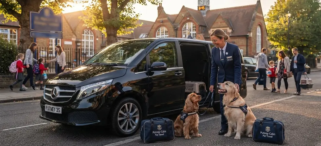 Driver with two dogs beside a black MPV, pet travel bags on the pavement