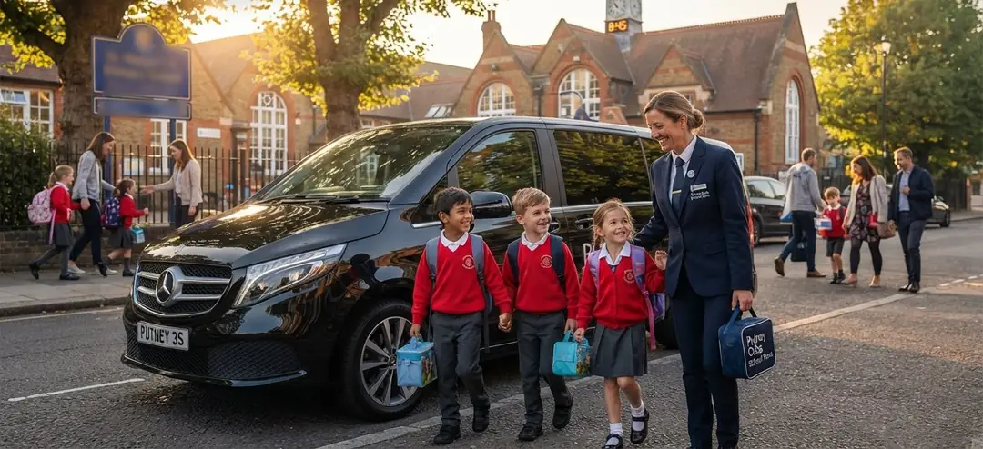 Primary school pupils walking to a black taxi MPV with their driver